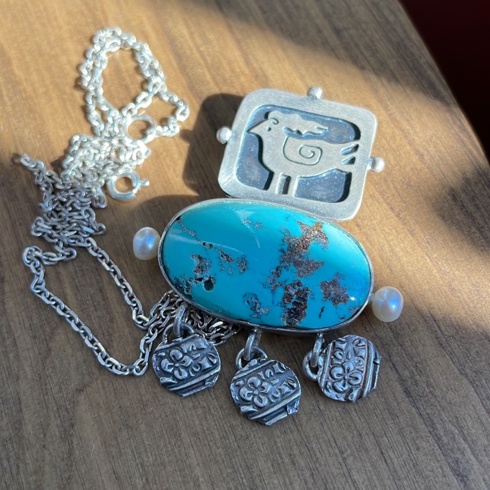 Silver Bird Necklace with Turquoise & Pearls 18” silver chain. Like new.